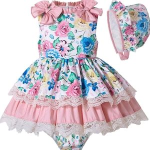 Sweet 3 Pieces Babies Boutique Floral-printed Lace Layer Outfit + Cute Bloomers